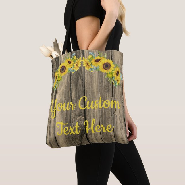 Personalized Rustic Grey Wood Sunflowers Text Here Tote Bag (Close Up)