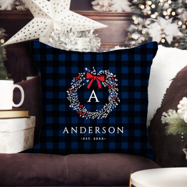 Personalized Rustic Holiday Wreath Buffalo Plaid Throw Pillow (Creator Uploaded)