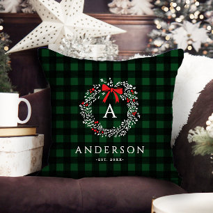 Personalized Rustic Holiday Wreath Buffalo Plaid Throw Pillow