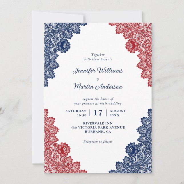 Personalized Rustic Lace Navy Blue and Red Wedding Invitation (Front)