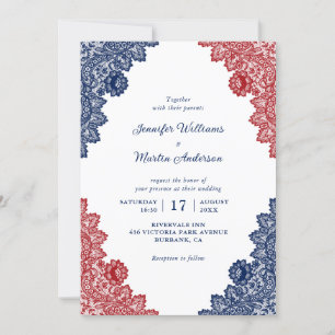 Personalized Rustic Lace Navy Blue and Red Wedding Invitation