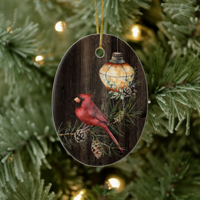 Personalized Rustic Lantern and Redbird Christmas Ceramic Ornament (Tree)