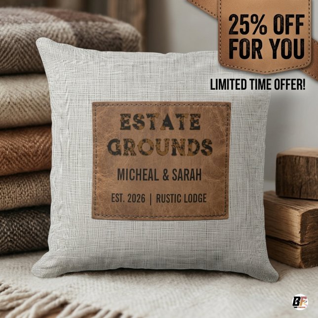 Personalized Rustic Lodge Faux Leather Patch Estat Throw Pillow (#homedecor)