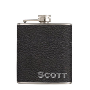 Personalized   Rustic Masculine Black Leather Look Hip Flask