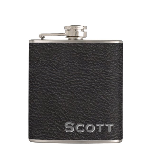 Personalized | Rustic Masculine Black Leather Look Hip Flask (Front)
