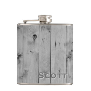 Personalized   Rustic Masculine Grey Wood Look Hip Flask