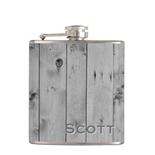 Personalized | Rustic Masculine Grey Wood Look Hip Flask (Front)