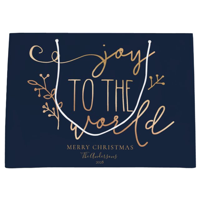 Personalized Rustic Merry Christmas Navy Blue Gold Large Gift Bag (Front)