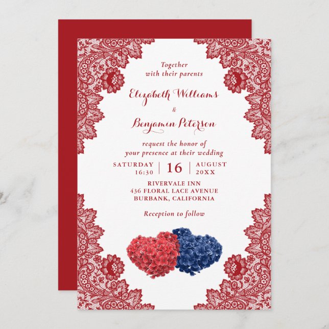 Personalized Rustic Navy Blue Red Floral Wedding Invitation (Front/Back)