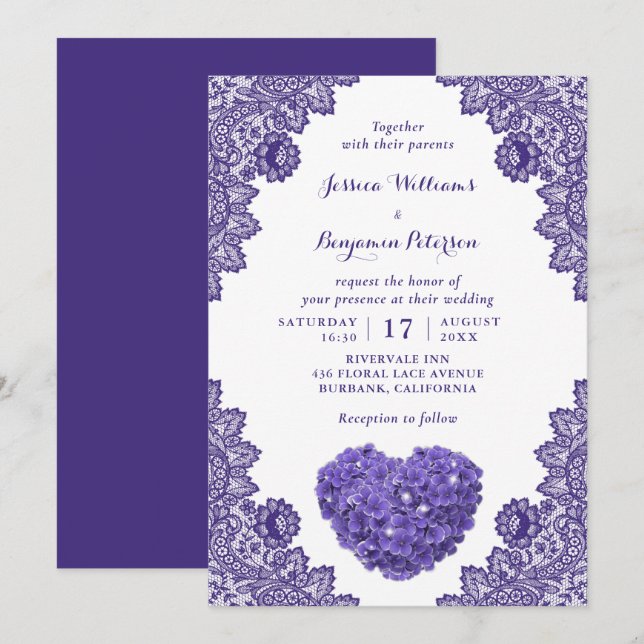 Personalized Rustic Purple Lace Hydrangea Wedding Invitation (Front/Back)