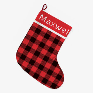 Personalized Rustic Red and Black Buffalo Plaid La Large Christmas Stocking