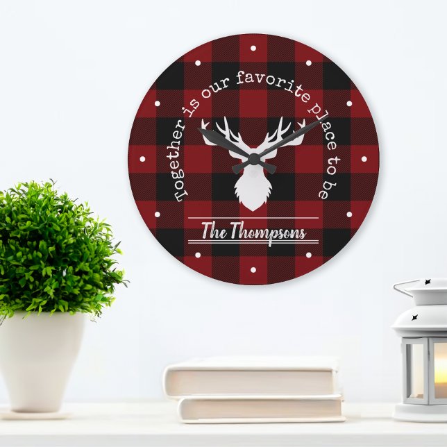 Personalized Rustic Red and Black Buffalo Plaid Large Clock (Creator Uploaded)