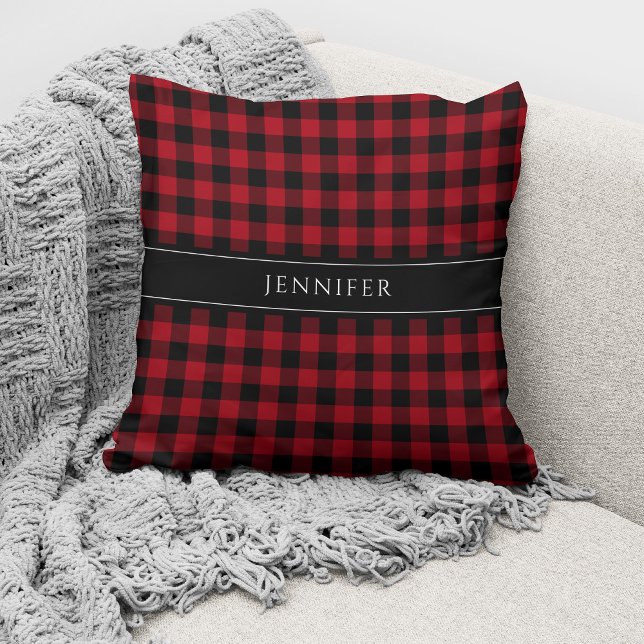 Personalized Rustic Red And Black Plaid Throw Pillow (Creator Uploaded)