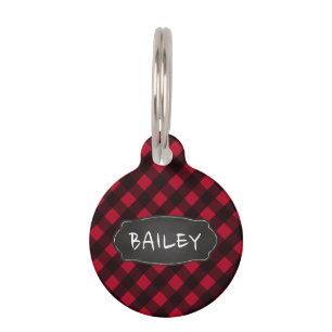 Personalized Rustic Red Black Buffalo Plaid Dog Pet Tag