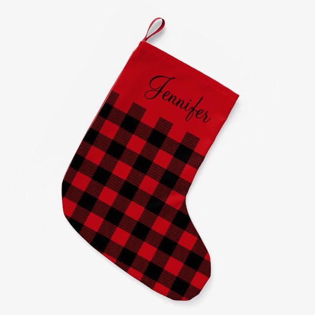 Personalized Rustic Red Buffalo Plaid  Small Christmas Stocking (Front (Hanging))