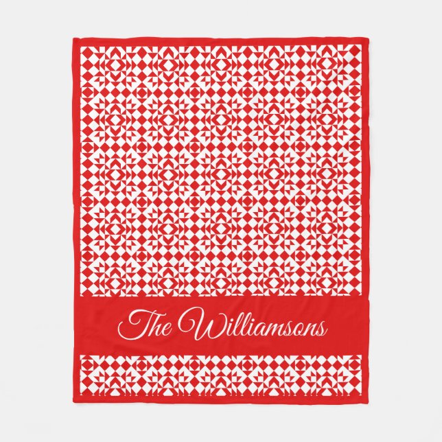 Personalized Rustic Red Christmas Geometric Quilt Fleece Blanket (Front)