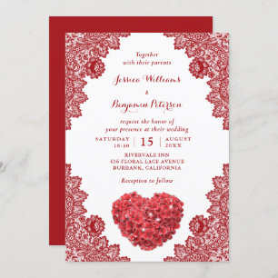 Personalized Rustic Red Lace Floral Wedding Invita Invitation