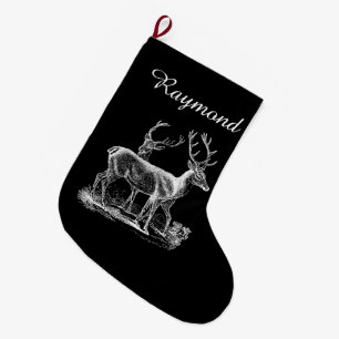 Personalized Rustic Reindeer Christmas Black White Large Christmas Stocking