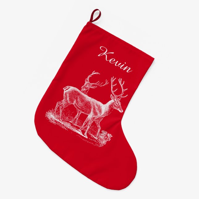 Personalized Rustic Reindeer Christmas Red Colour Large Christmas Stocking (Front (Hanging))