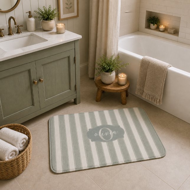 Personalized Rustic Sage Green Srtiped Bath Mat (Creator Uploaded)