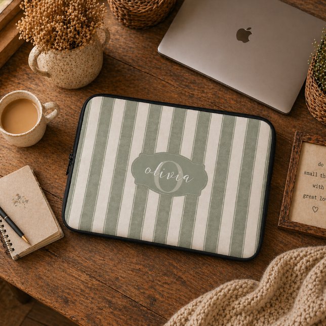 Personalized Rustic Sage Green Srtiped Laptop Sleeve (Creator Uploaded)