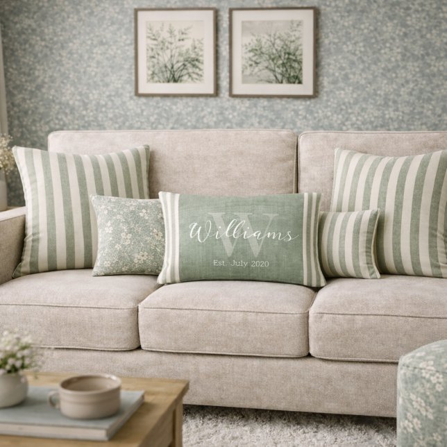 Personalized Rustic Sage Green Stripe Lumbar Pillow (Creator Uploaded)