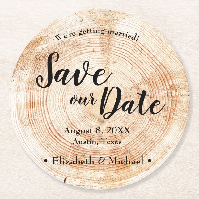 Personalized Rustic Save our date Printed Wood Round Paper Coaster (Front)