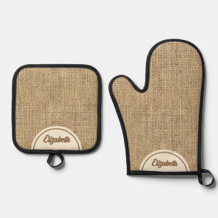 Personalized Rustic Simulated Burlap Oven Mitt & Pot Holder Set