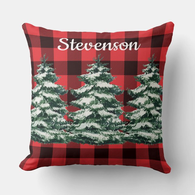 Personalized Rustic Snowy Pines Red Buffalo Plaid Throw Pillow (Front)