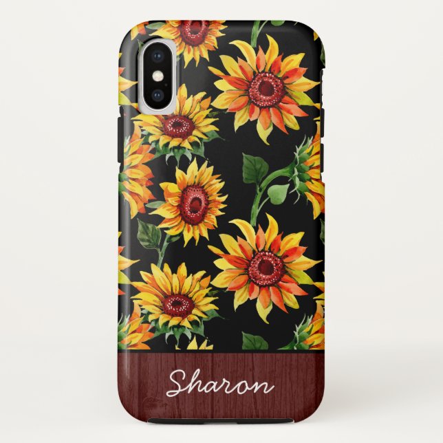 Personalized Rustic Sunflower Wood Name Case-Mate iPhone Case (Back)
