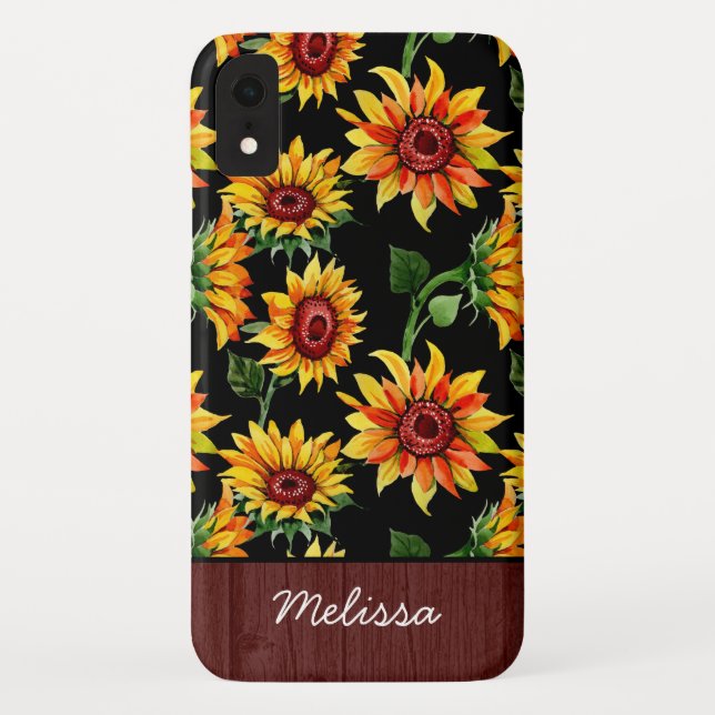 Personalized Rustic Sunflower Wood Name Case-Mate iPhone Case (Back)