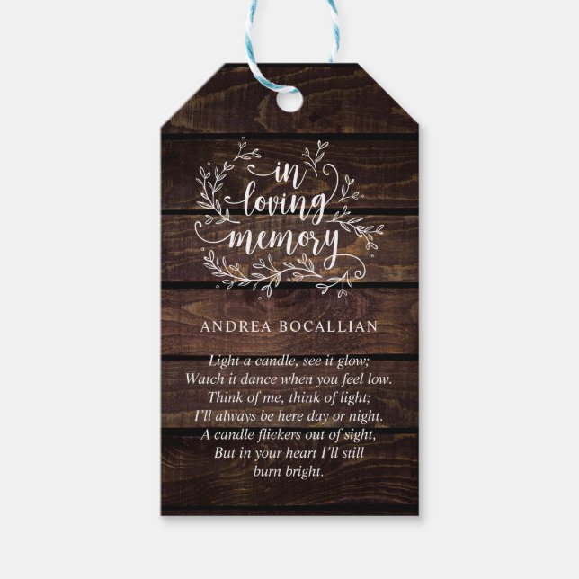 Personalized Rustic Vines, dark wood, Funeral Tag (Front)