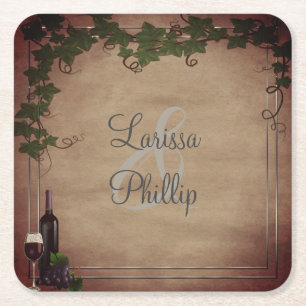 Personalized Rustic Vineyard Wedding Square Paper Coaster