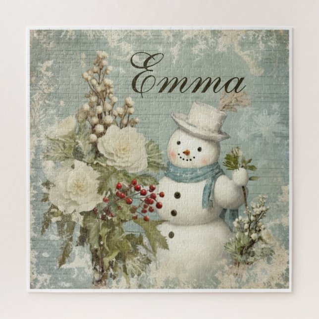 Personalized Rustic Vintage Snowman Christmas Jigsaw Puzzle (Vertical)