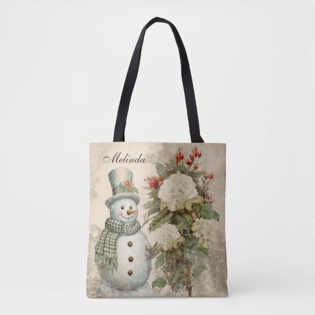 Personalized Rustic Vintage Snowman Christmas  Tote Bag (Front)