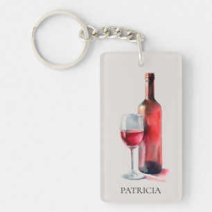 Personalized Rustic Watercolor Red Wine Glass Keychain