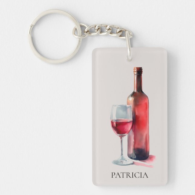 Personalized Rustic Watercolor Red Wine Glass Keychain (Front)