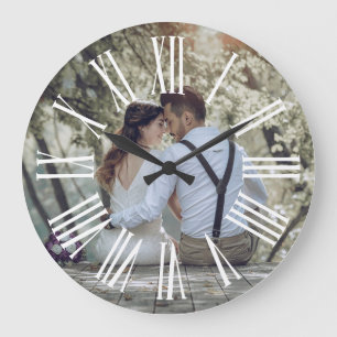 Personalized Rustic Wedding Couple Photo Large Clock