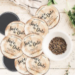 Personalized Rustic Wedding Save the date Wood Magnet<br><div class="desc">Personalize these unique wedding Save the Date circle magnets. It features a printed wood grain cut disc, perfect for your rustic wedding. The printed wood grain texture is cost-effective and unique, giving you the look of the wood cut disc slab. Unique and memorable, set the tone for a wedding that's...</div>