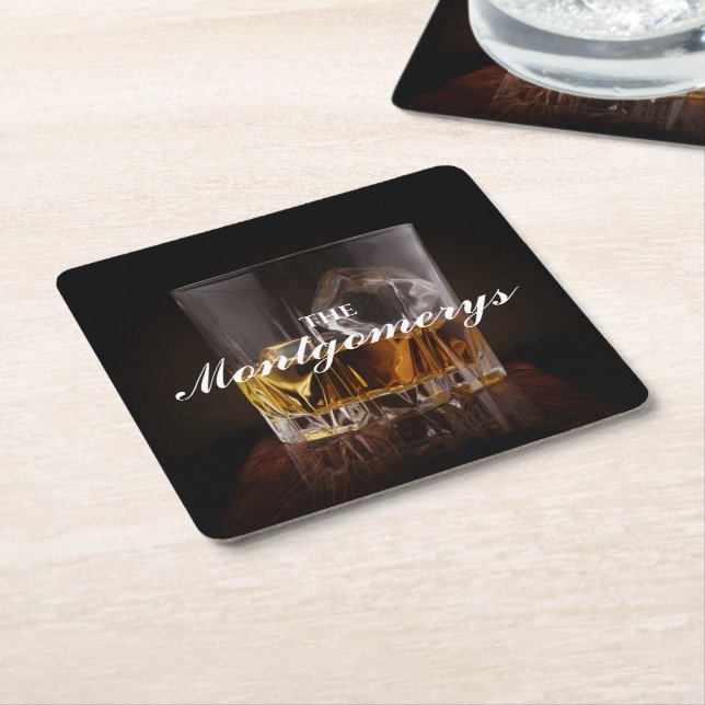 Personalized Rustic Whiskey Rocks Square Paper Coaster (Angled)
