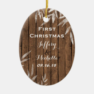 Personalized Rustic Willow on Wood First Christmas Ceramic Ornament