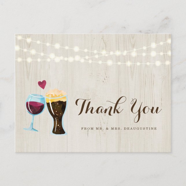 Personalized Rustic Wine & Beer Wedding Thank You Postcard (Front)