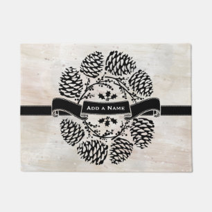 Personalized Rustic Winter Holly Pine Cones Laurel Doormat