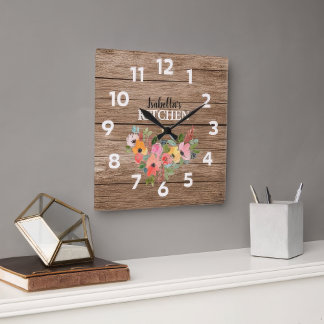Personalized Rustic Wood And Pink Floral Kitchen  Large Clock