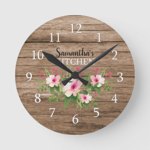 Personalized Rustic Wood And Pink Floral Kitchen Round Clock