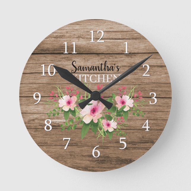 Personalized Rustic Wood And Pink Floral Kitchen Round Clock (Front)