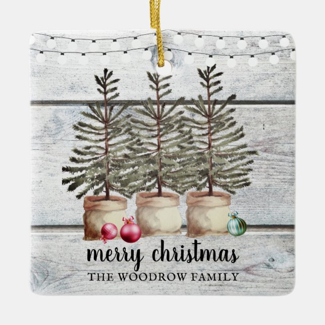 Personalized Rustic Wood Christmas Trees Holiday   Ceramic Ornament (Front)