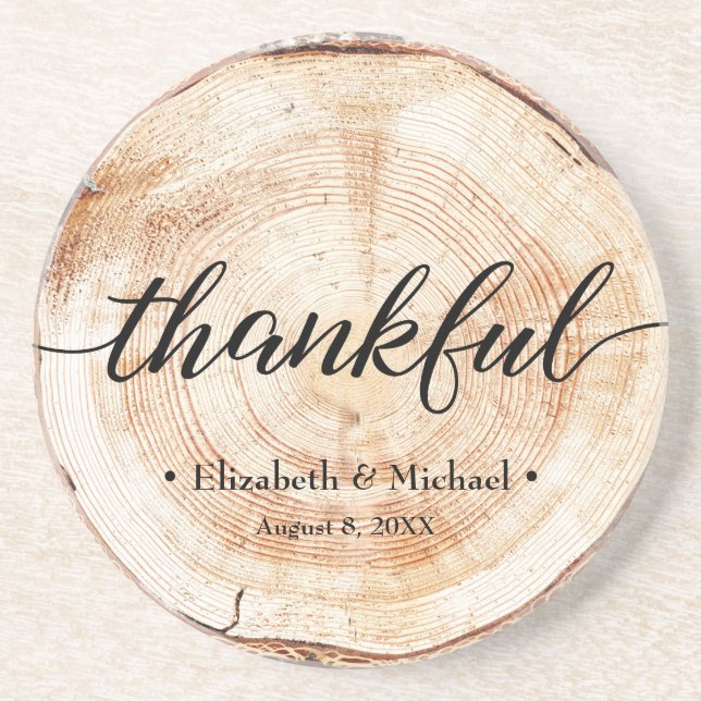 Personalized Rustic Wood Disc Thankful Wedding Coaster (Front)