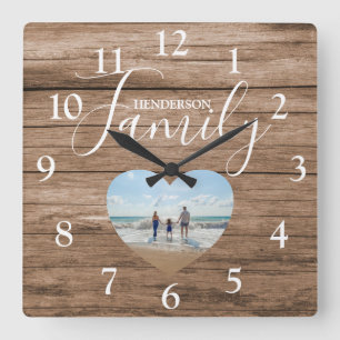 Personalized Rustic Wood Effect Heart Photo Square Wall Clock