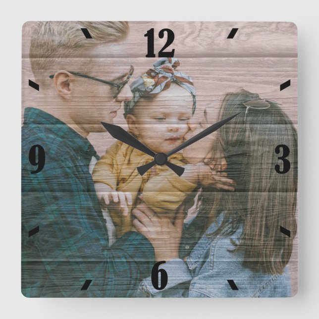 Personalized Rustic Wood Effect Photo Square Wall Clock (Front)